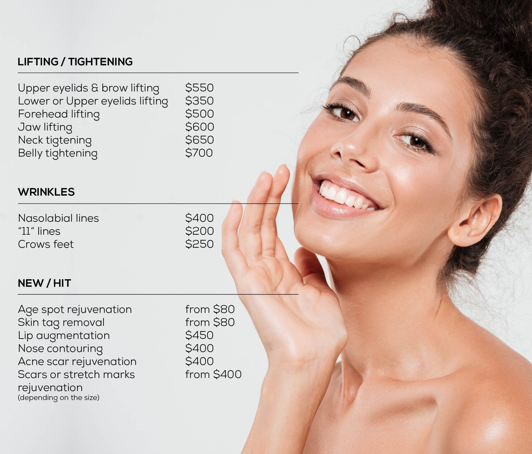 Price list of plasma treatments by area, in dollars: lifting and tightening from $350 to $700, wrinkles from $200 to $400, and other treatments from $80