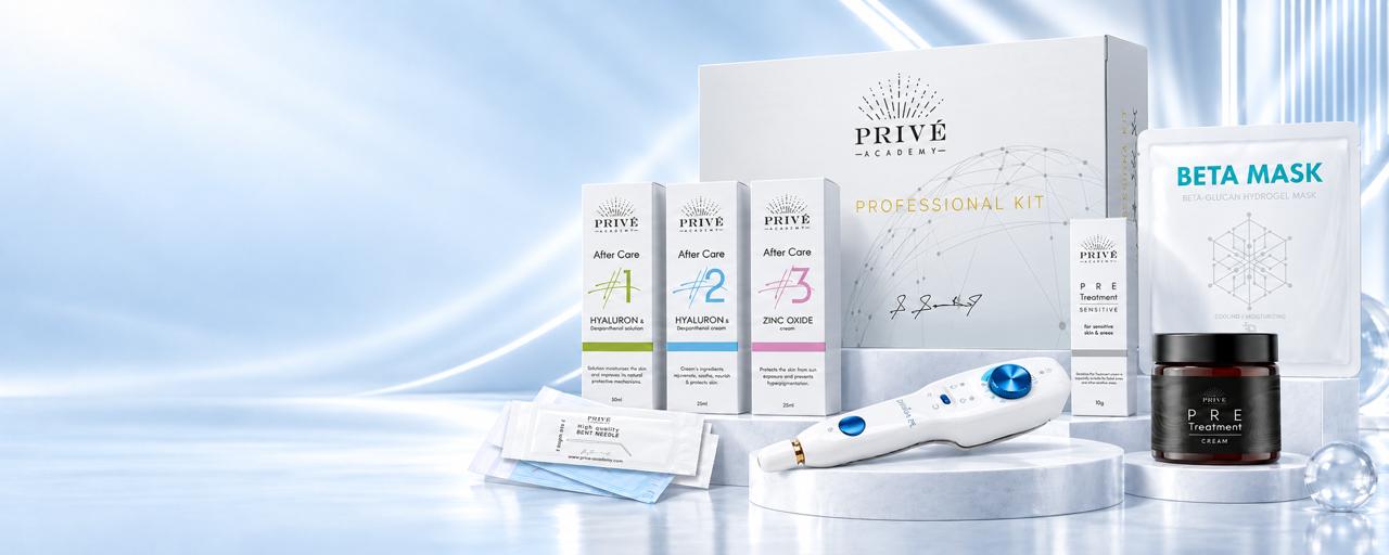 The Privé Professional Kit: aftercare sets #1, #2 and #3, pre-treatment creams, a beta-glucan mask, applicators and a plasma pen